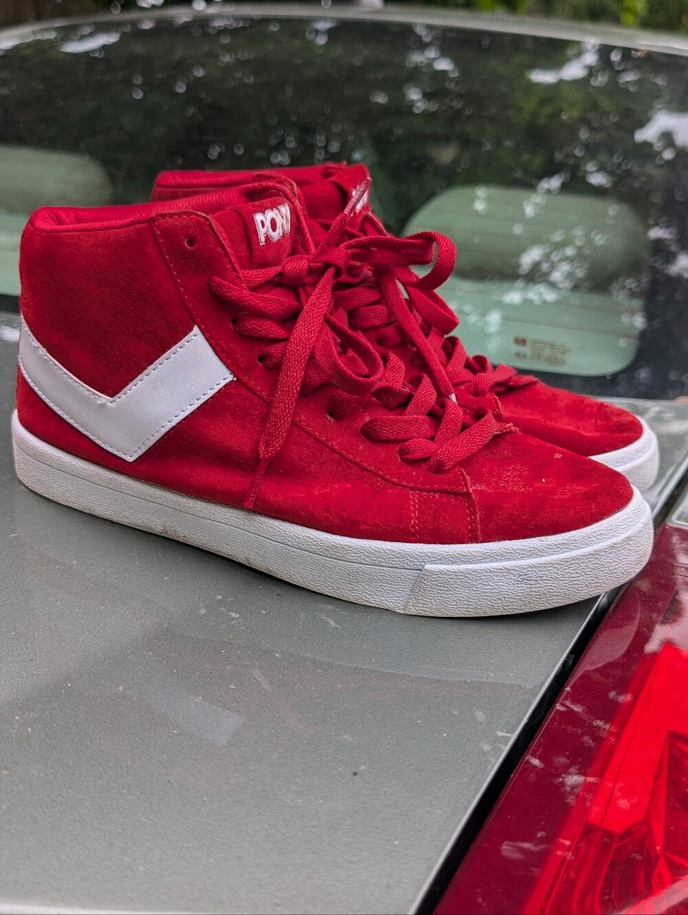 Pony Red High-Top Sneakers with White Side Chevron